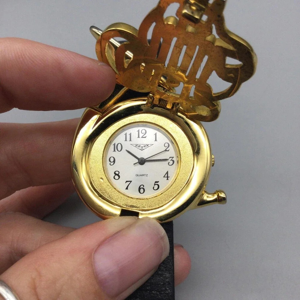 French Horn Hidden Dial Womens Watch 36mm Gold Tone Black Strap New Battery